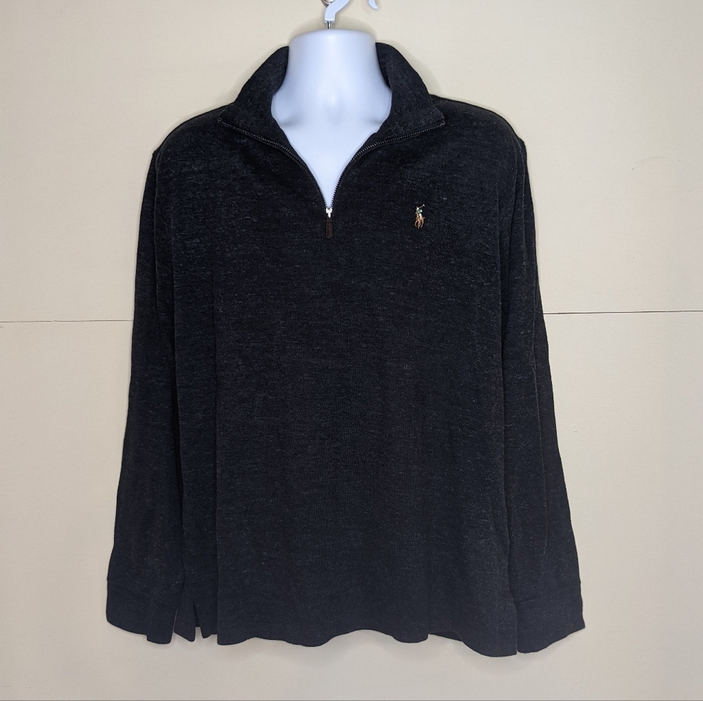 NWT Polo by Ralph Lauren Men's Quarter Zip Up Sweater 100% Cotton Heather Black